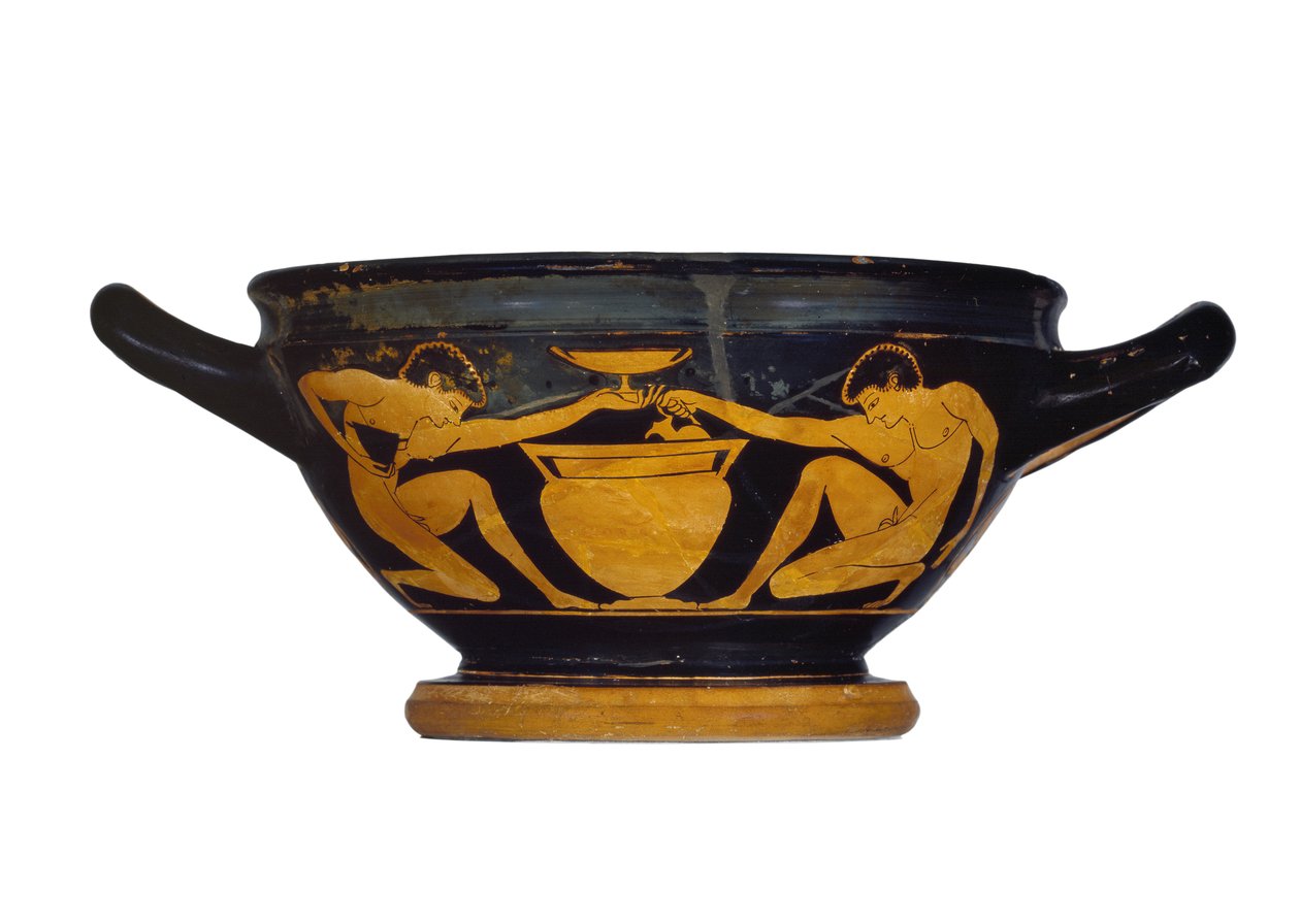Attisk bæger-skyphos med røde figurer, dekoreret med to nøgne unge knælende ved en søjle-krater, ca.520-500 f.Kr. (keramik) af Epiktetos