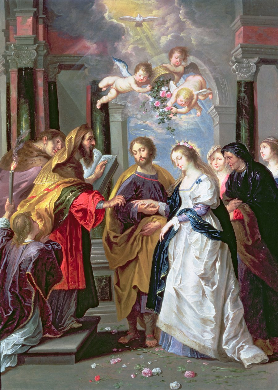 Jomfruens ægteskab (olie på kobber) af Erasmus Quellinus II
