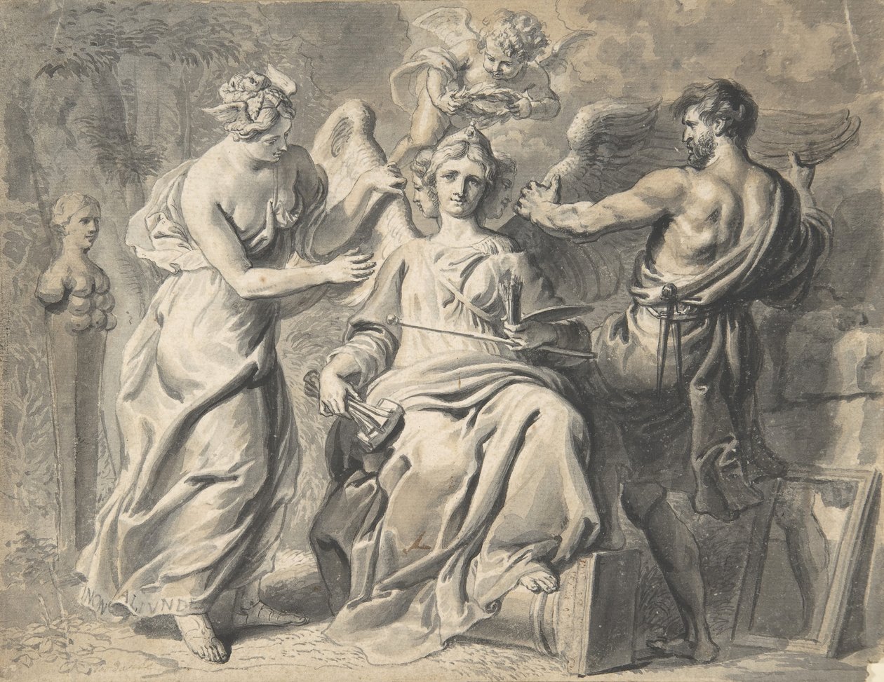 En allegori over kunsten med Isis og geometri, der deltager i den trehovedede figur af..., 1600-tallet af Erasmus Quellinus