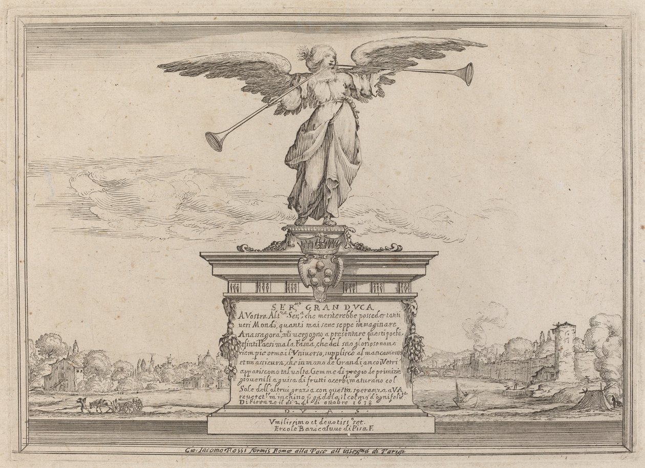 Dedikationsside med Statue of Fama af Ercole Bazicaluva