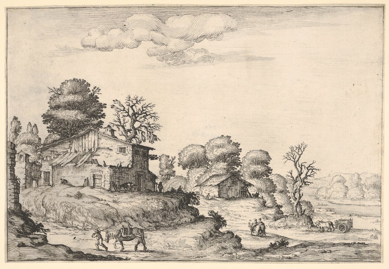 Landskab med bondeboliger og en mand, der fører en hest i venstre forgrund, fra en ..., 1638. af Ercole Bazicaluva