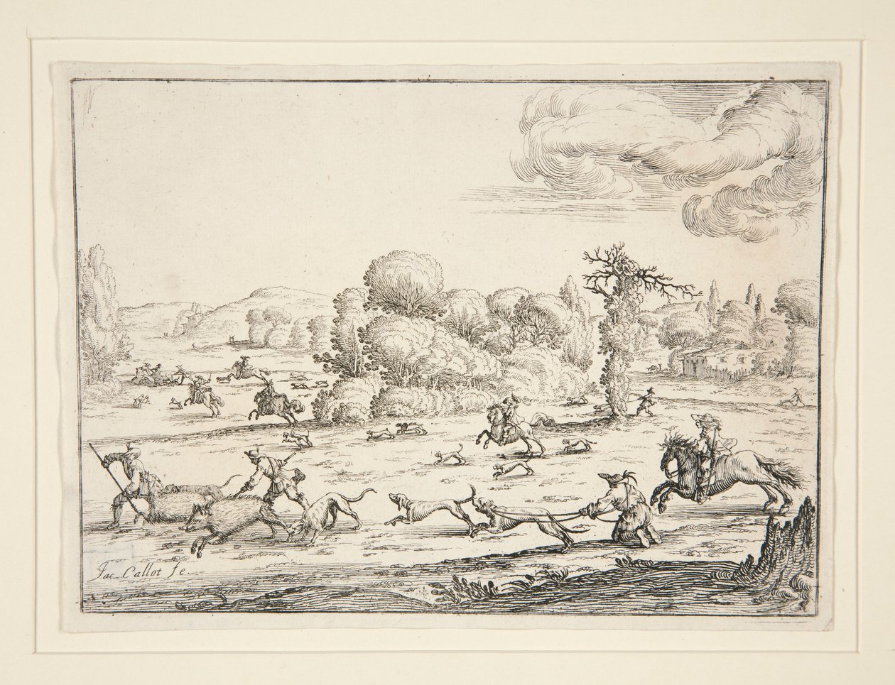 Jagtscene: Near the Kill (efter et design af Jacques Callot 1592-1635) af Ercole Bazzicaluva