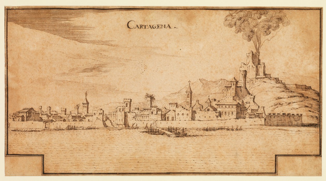 Udsigt over Cartagena, Spanien, ca. 1642 (pen og brunt blæk på lagt papir, med brune blæk-indramningslinjer trinvist i bunden) af Ercole Frigoni Bazzicaluva