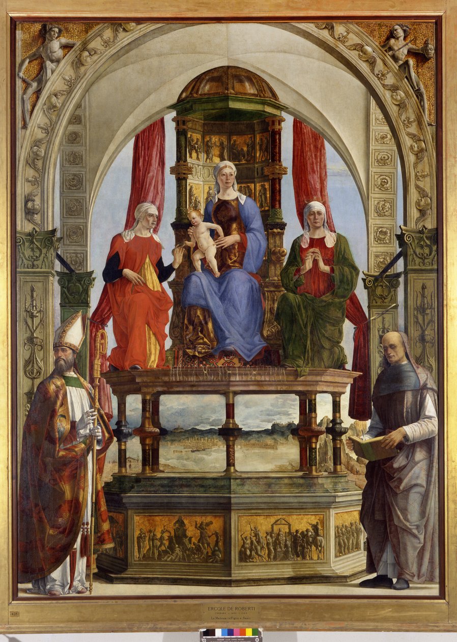 Jomfru på tronen med barn, de hellige Anne, Elizabeth, Augustin og den salige Pietro degli Onesti, 1479-91 af Ercole de Roberti
