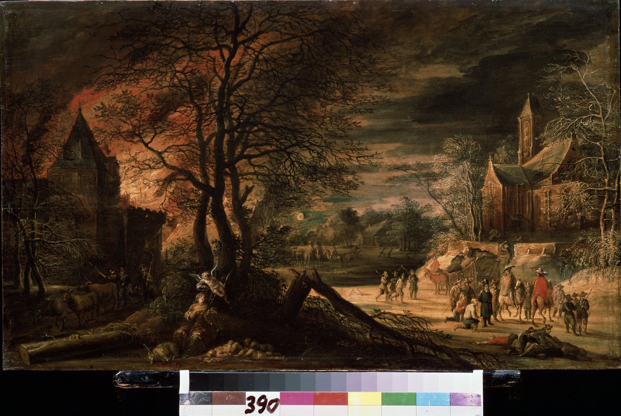 ""Allegory of patience"" (Allegory of patience) Et land i krig, lig strøet på jorden, en brand til venstre, apokalyptisk landskab. Maleri af Ergo Enghelbert (1620-cirka 1667) Pushkin Museum fra det 17. århundrede, Moskva af Ergo Enghelbert