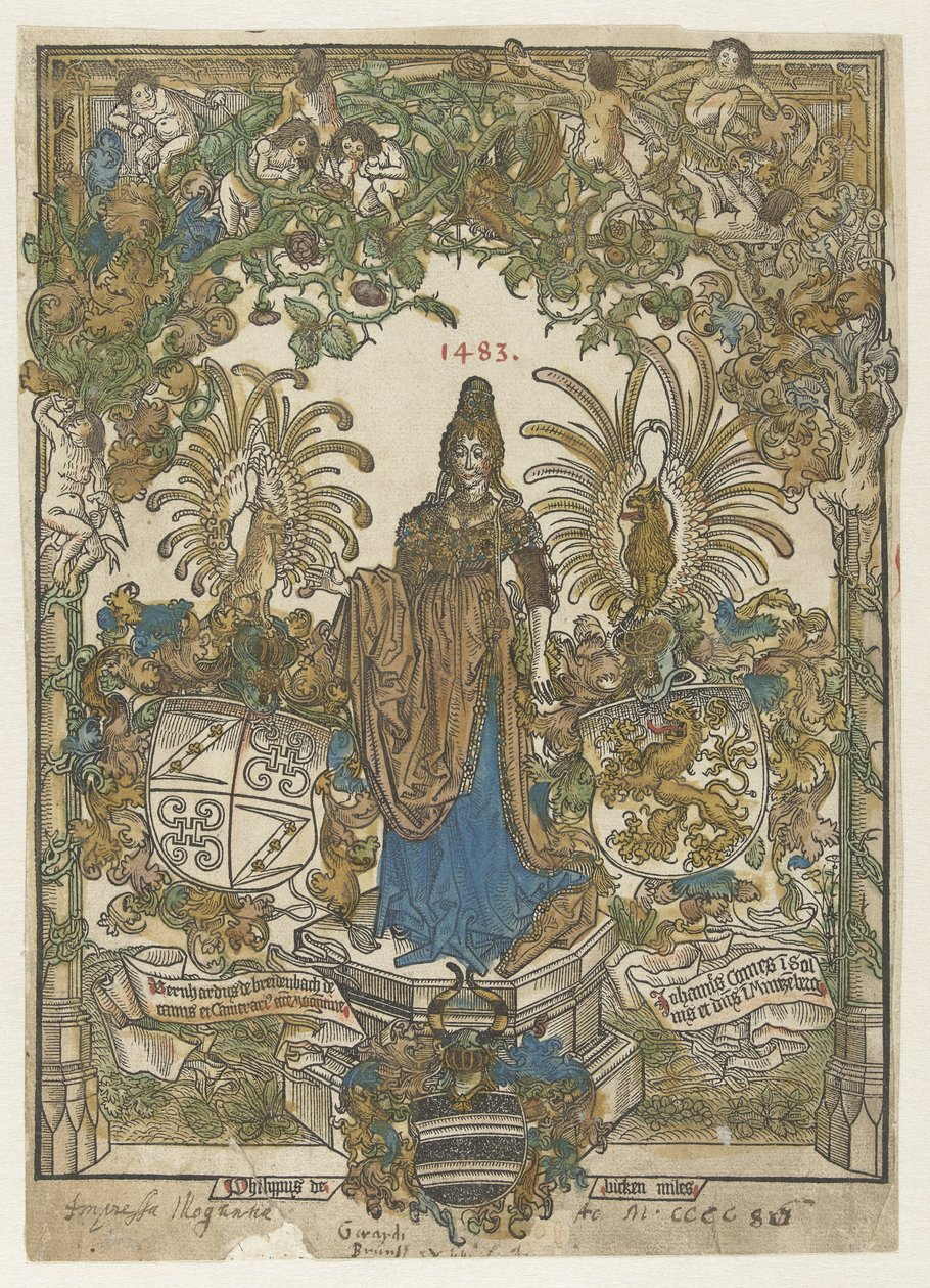 Frontispicer med en kvinde på en piedestal med våben af ​​Bernhard von Breydenbach og Johannes Kommer i ramme af Erhard Reuwich