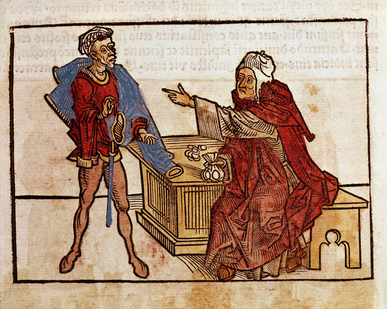 Transaktion mellem en jøde og en lånehaj Side hentet fra rejsebogen "" Peregrinatio in Terram Sanctam"" efter pilgrimsfærden i Bernard de Breydenbachs hellige land (Breidenbach) (1454-1497) illustreret med graveringer af Erhard Reuwich af Erhard Reuwich
