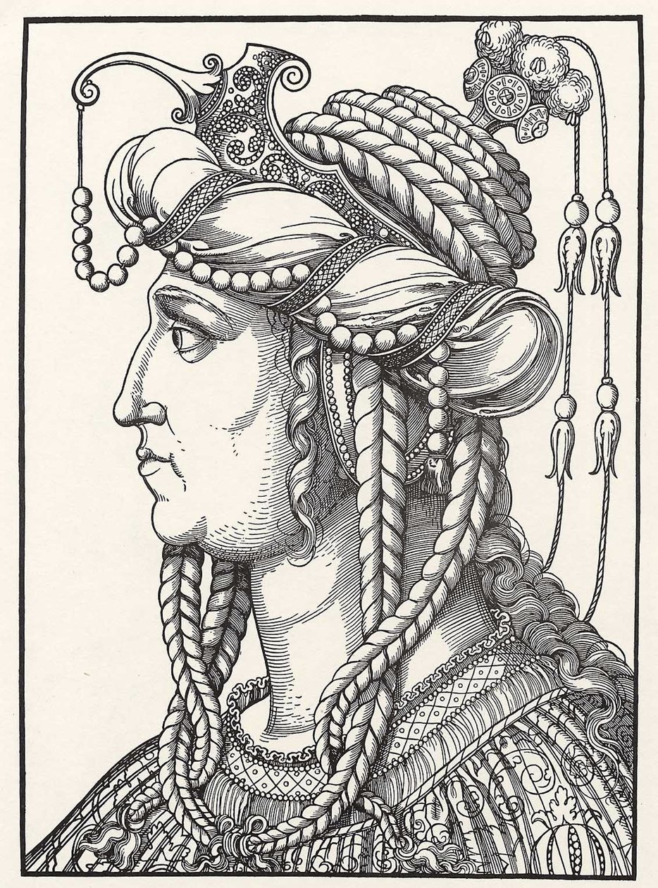 ""Portræt af Sultan Suleiman den storslåede sultan Suleimans (Russelazie (den Ruthenian)) eller Hurrem (nee Anastasia Lisovska, ca. 1500-1558) hustru af Sultan Suleiman den storslåede"" Træsnit af Erhard Schoen (1491-1592) ca. 1532 Go Herzogliches Museum af Erhard Schon