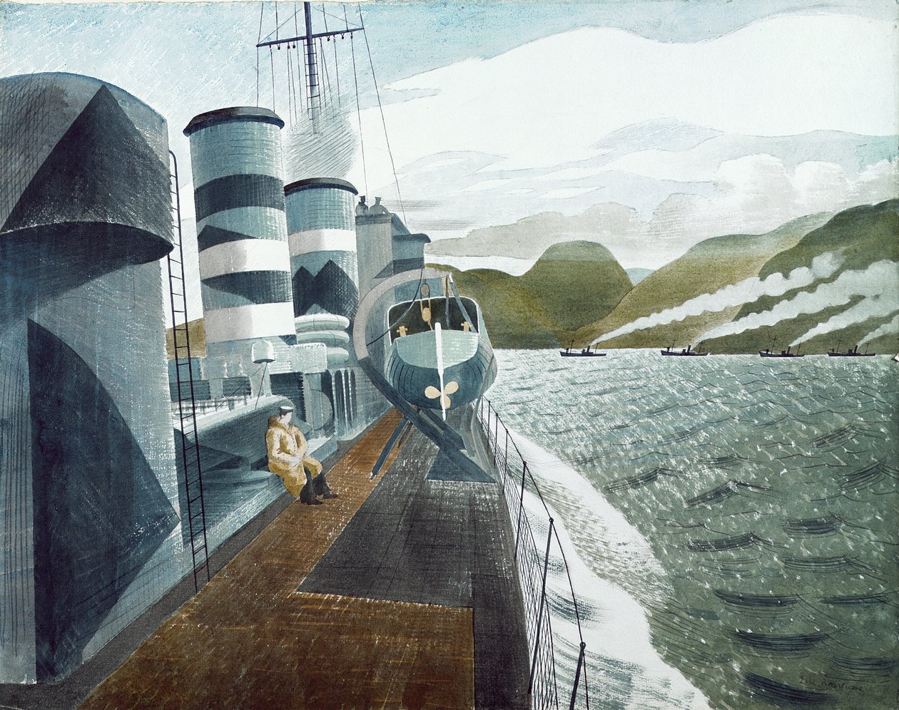 Leaving Scapa Flow (blyant og wc på papir) af Eric Ravilious