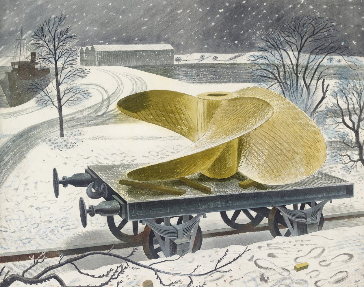 Skibsskrue på en jernbanevogn (akvarel over grafit, på papir) af Eric Ravilious