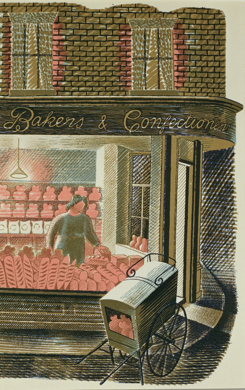 The Bakers and Confectioners, trykt af Curwen Press, fra "High Street", af J. M. Richards, udgivet af "Country Life", 1938 (sæt på 24) (farvelitografi) af Eric Ravilious