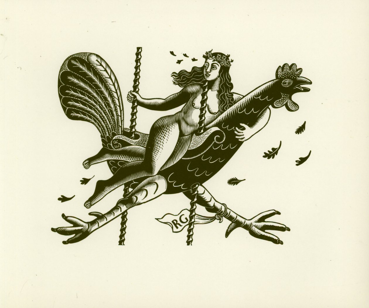 Tirzah på en hane, 1931 (træbloktryk) af Eric Ravilious