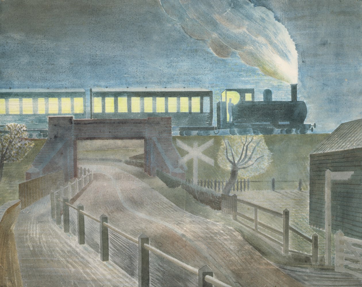 Tog går over en bro om natten af Eric Ravilious