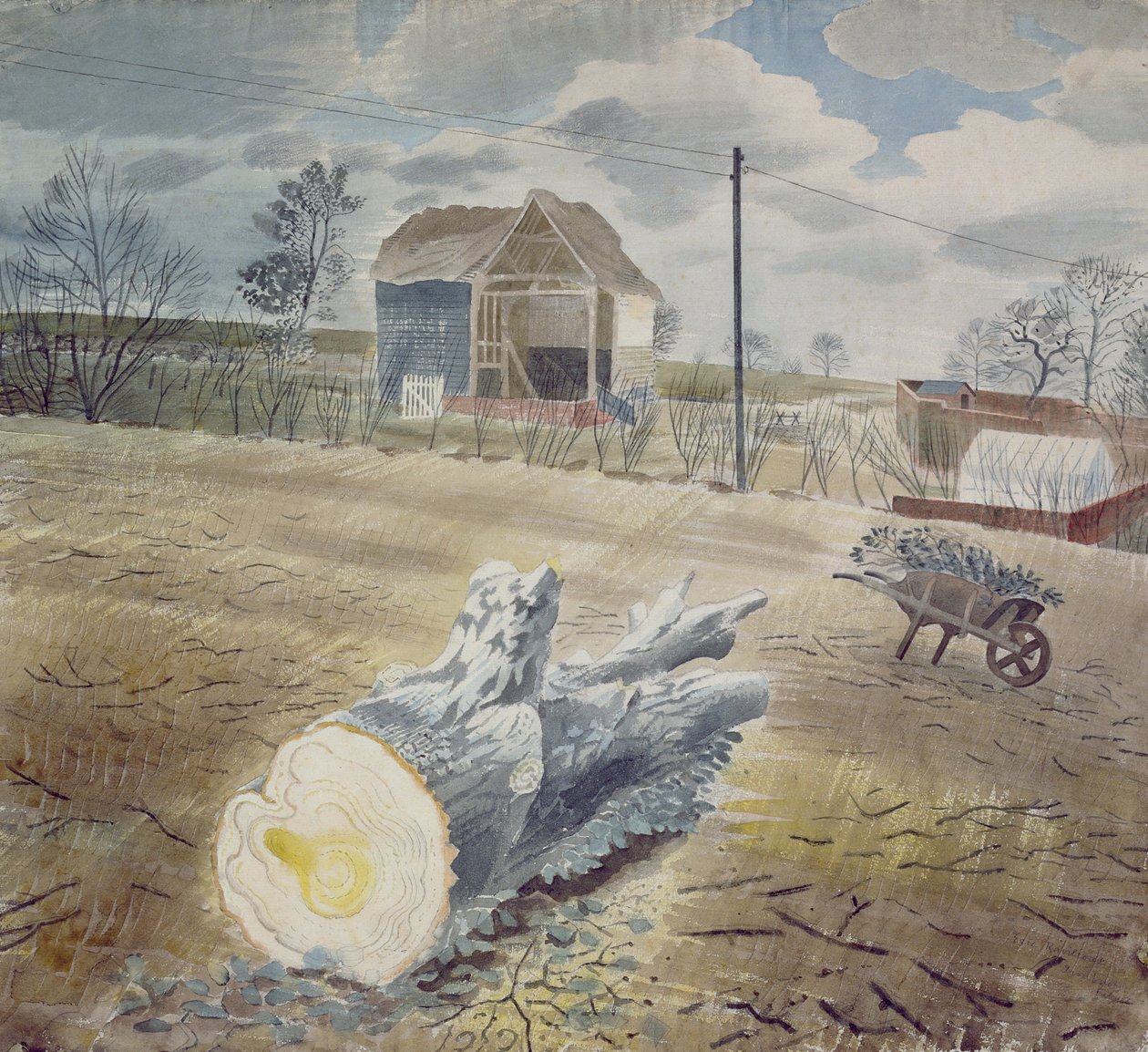 Træstamme og Trillebør af Eric Ravilious