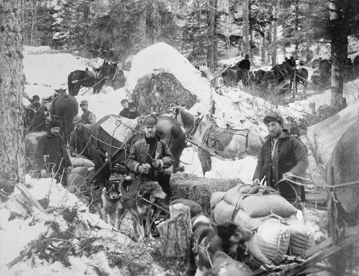 Prospektører, der bestiger Porcupine Hill på Skagway Trail, Alaska, under Klondike Gold Rush (1897-98) 1898 (s/h foto) af Eric A. Hegg