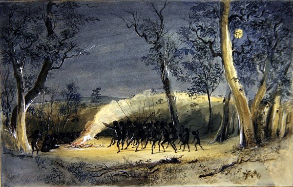 En indfødt Corroboree om natten (blyant, akvarel og gummi arabicum på papir) af Eric Gill