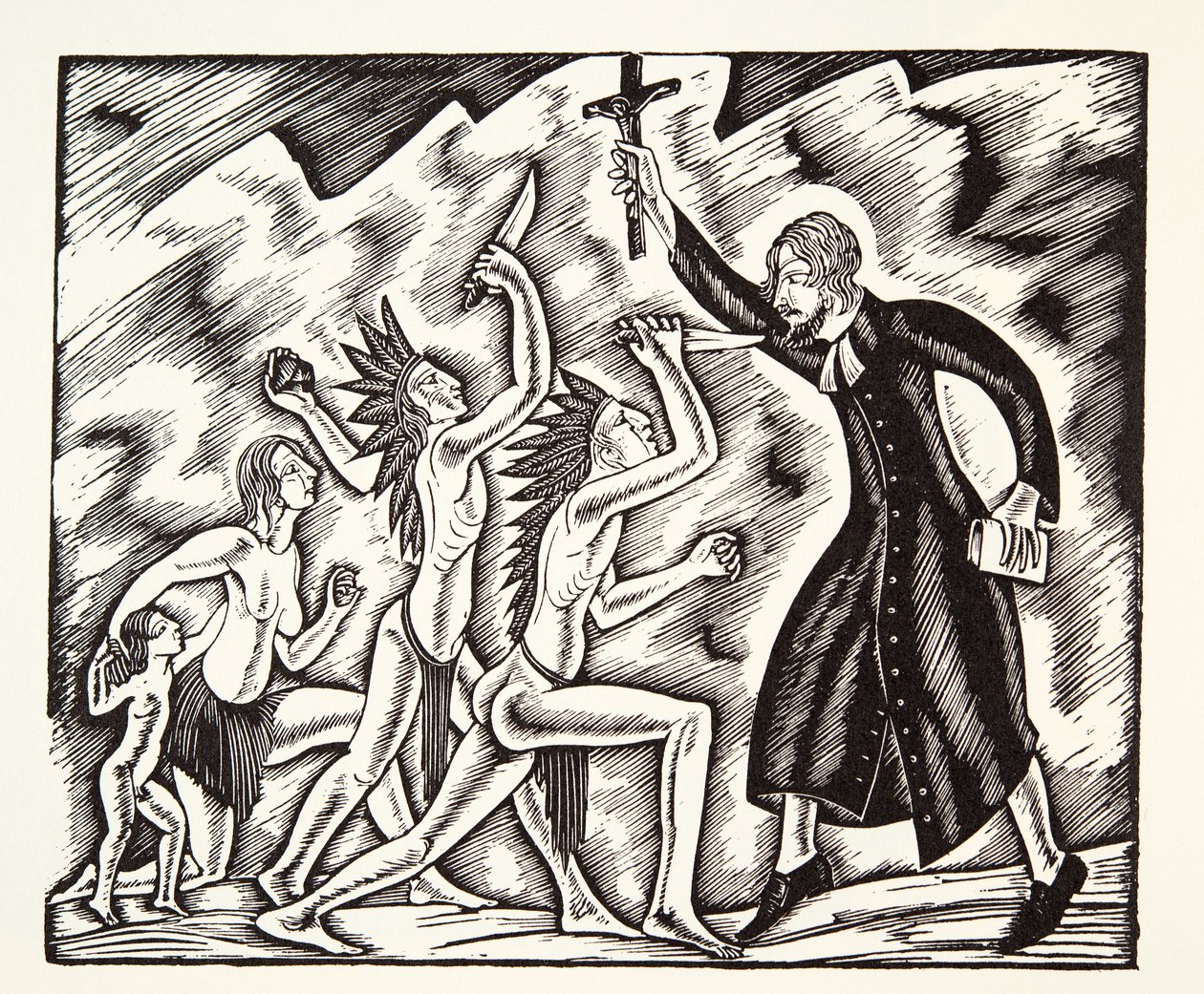 Angrebet, fra Fader Jean de Brebeufs rejser og lidelser af Eric Gill