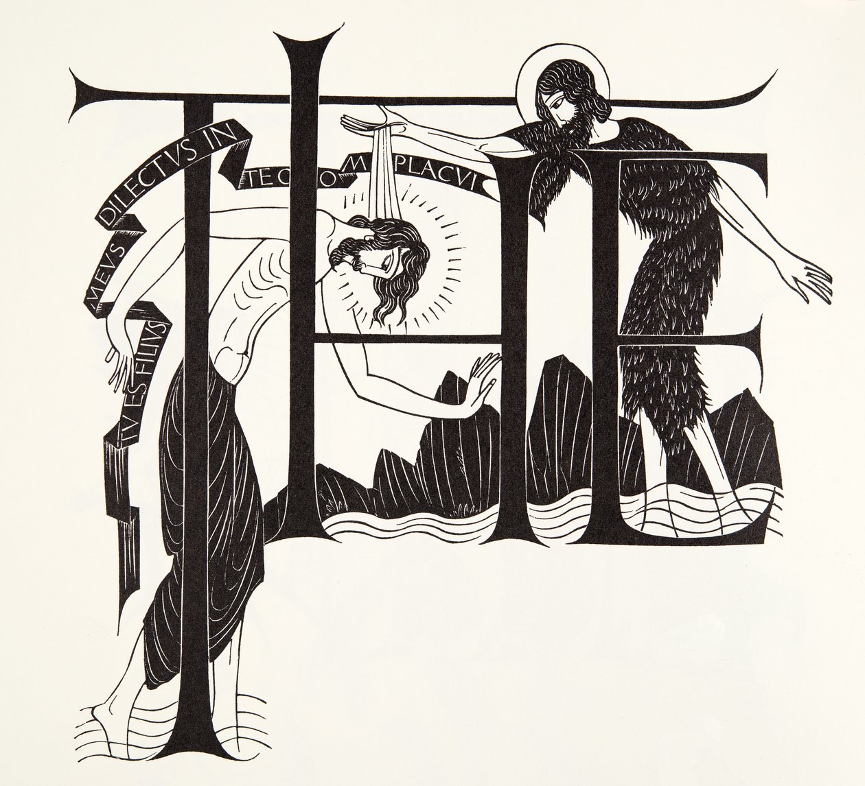 Jesu dåb af Johannes Døberen fra de fire evangelier af Eric Gill