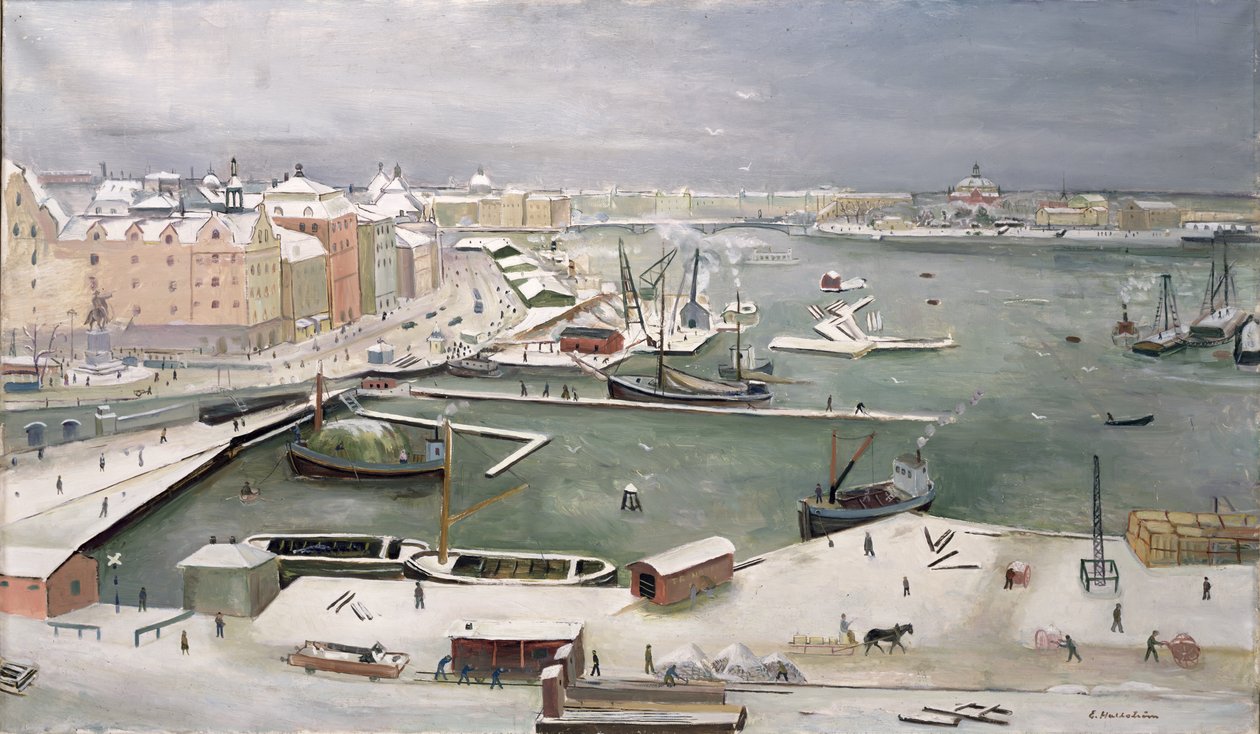 Stockholm i sne (olie på lærred) af Eric Hallström