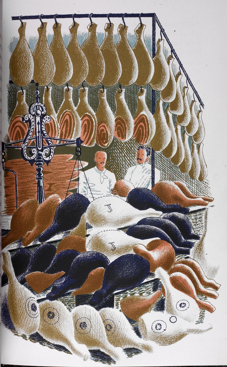 Udsigt inde i en slagterbutik. af Eric Ravilious