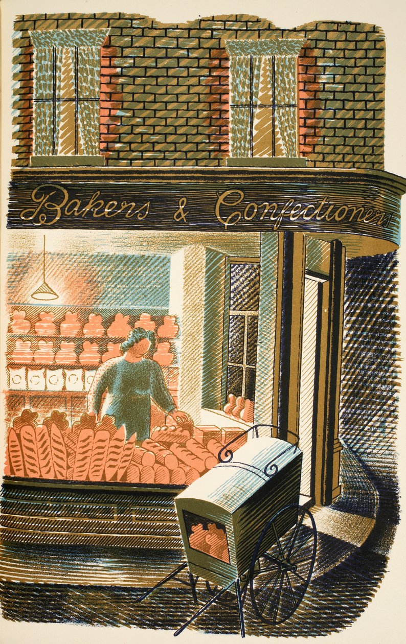 Baker and Confectioner, illustration fra "High Street" af J.M. Richards, trykt af Curwen Press, udgivet af Country Life, 1938 af Eric Ravilious