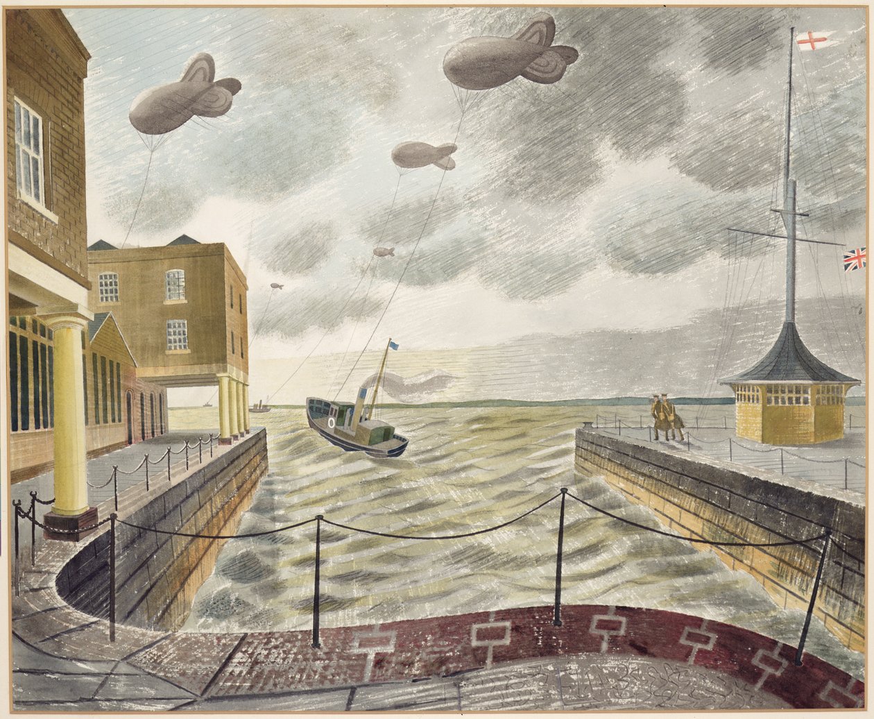 Barrage balloner uden for en britisk havn (blyant og akvarel på papir) af Eric Ravilious