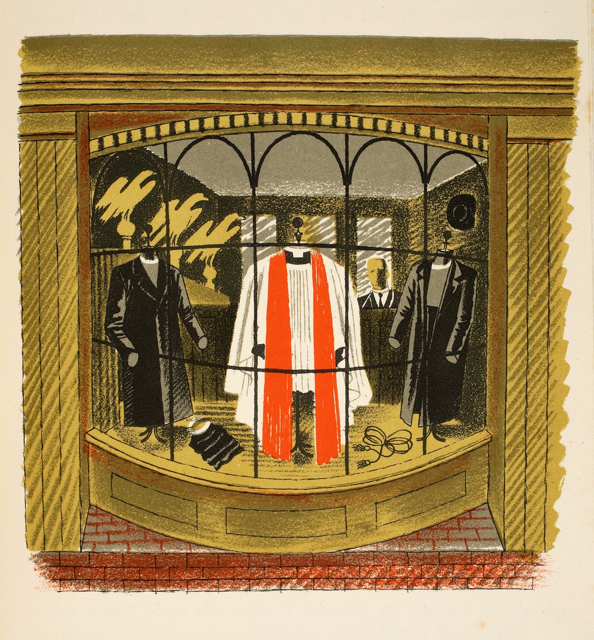 Clerical Outfitter, illustration fra "High Street" af J.M. Richards, trykt af Curwen Press, udgivet af Country Life, 1938 af Eric Ravilious