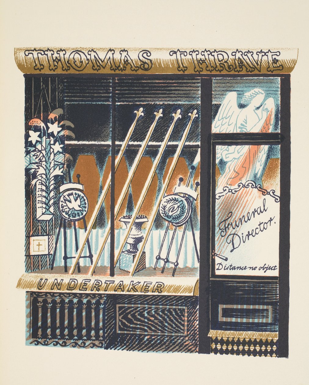 Begravelsesforretning, illustration fra "High Street" af J.M. Richards, trykt af Curwen Press, udgivet af Country Life, 1938 af Eric Ravilious