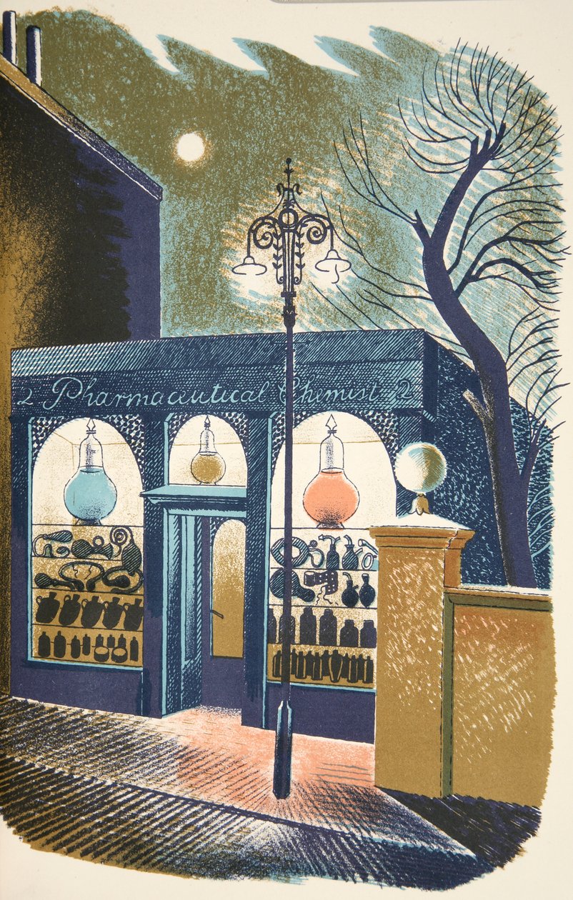 Apotek, illustration fra "High Street" af J.M. Richards, trykt af Curwen Press, udgivet af Country Life, 1938 af Eric Ravilious