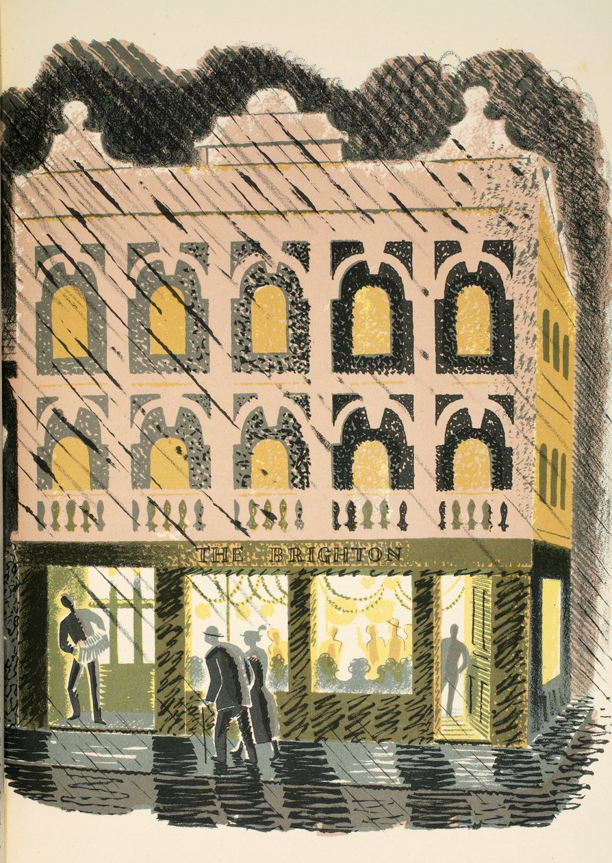 Public House, illustration fra "High Street" af J.M. Richards, trykt af Curwen Press, udgivet af Country Life, 1938 af Eric Ravilious