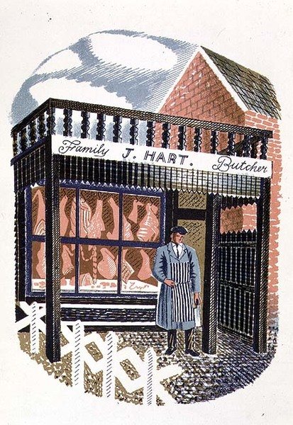 The Butchers Shop, trykt af Curwen Press, fra High Street, af J.M. Richards, udgivet af Country Life, 1938 (sæt på 24) af Eric Ravilious