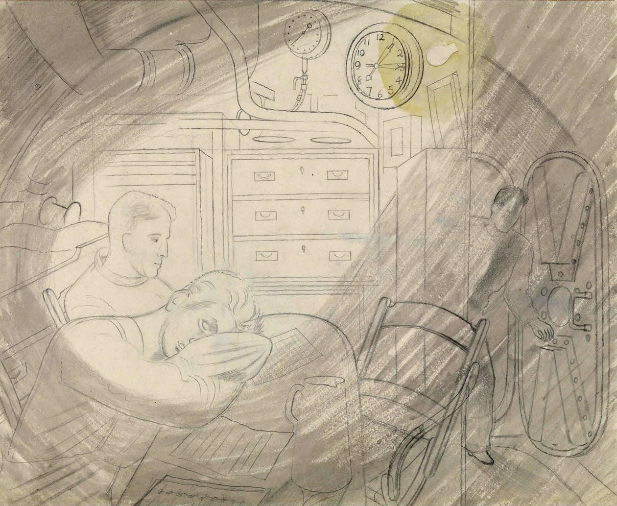 Kahytten (eller pladsen) for de ledende officerer på en ubåd (submarine). Blyantsserie af Eric Ravilious (1903-1942), ombord på en ubåd under Anden Verdenskrig (1939-1945). af Eric Ravilious