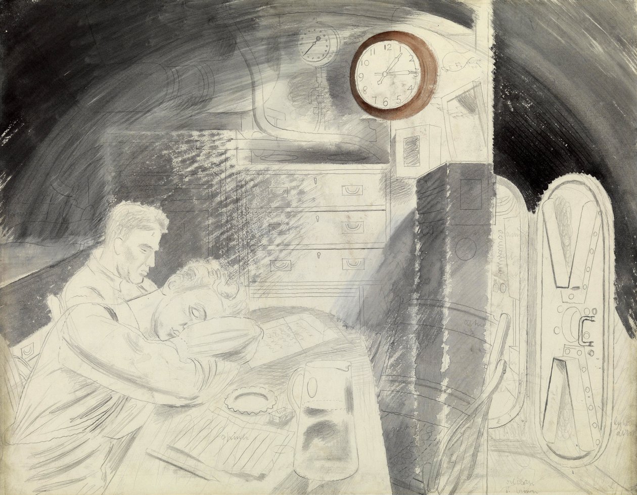Kahytten (eller pladsen) for de ledende officerer på en ubåd (submarine). Blyantsserie af Eric Ravilious (1903-1942), ombord på en ubåd under Anden Verdenskrig (1939-1945). af Eric Ravilious