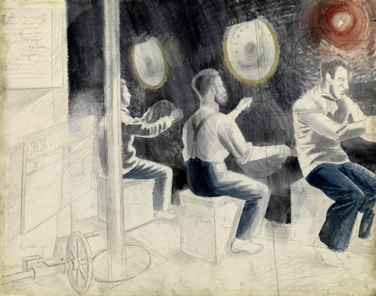 Dykkerkontrolrummet under neddykningen af ubåden. Blyantsserie af Eric Ravilious (1903-1942), ombord på en ubåd under Anden Verdenskrig (1939-1945). af Eric Ravilious