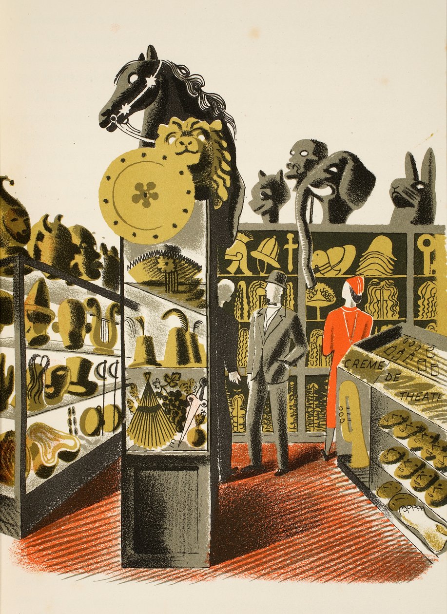 Theatrical Costume and Prop Hire Shop, illustration fra "High Street" af J.M. Richards, trykt af Curwen Press, udgivet af Country Life, 1938 af Eric Ravilious
