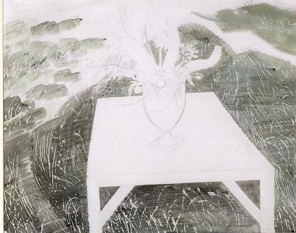 Vase med blomster i en have (blyant og akvarel på papir) af Eric Ravilious