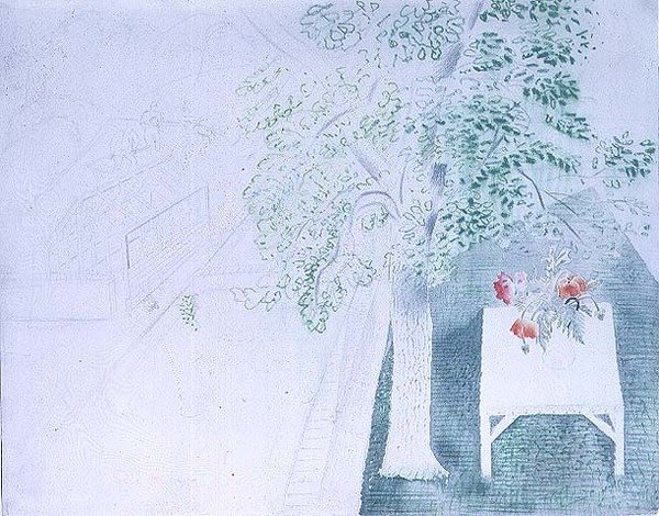 Vase med valmuer under et træ (akvarel) af Eric Ravilious