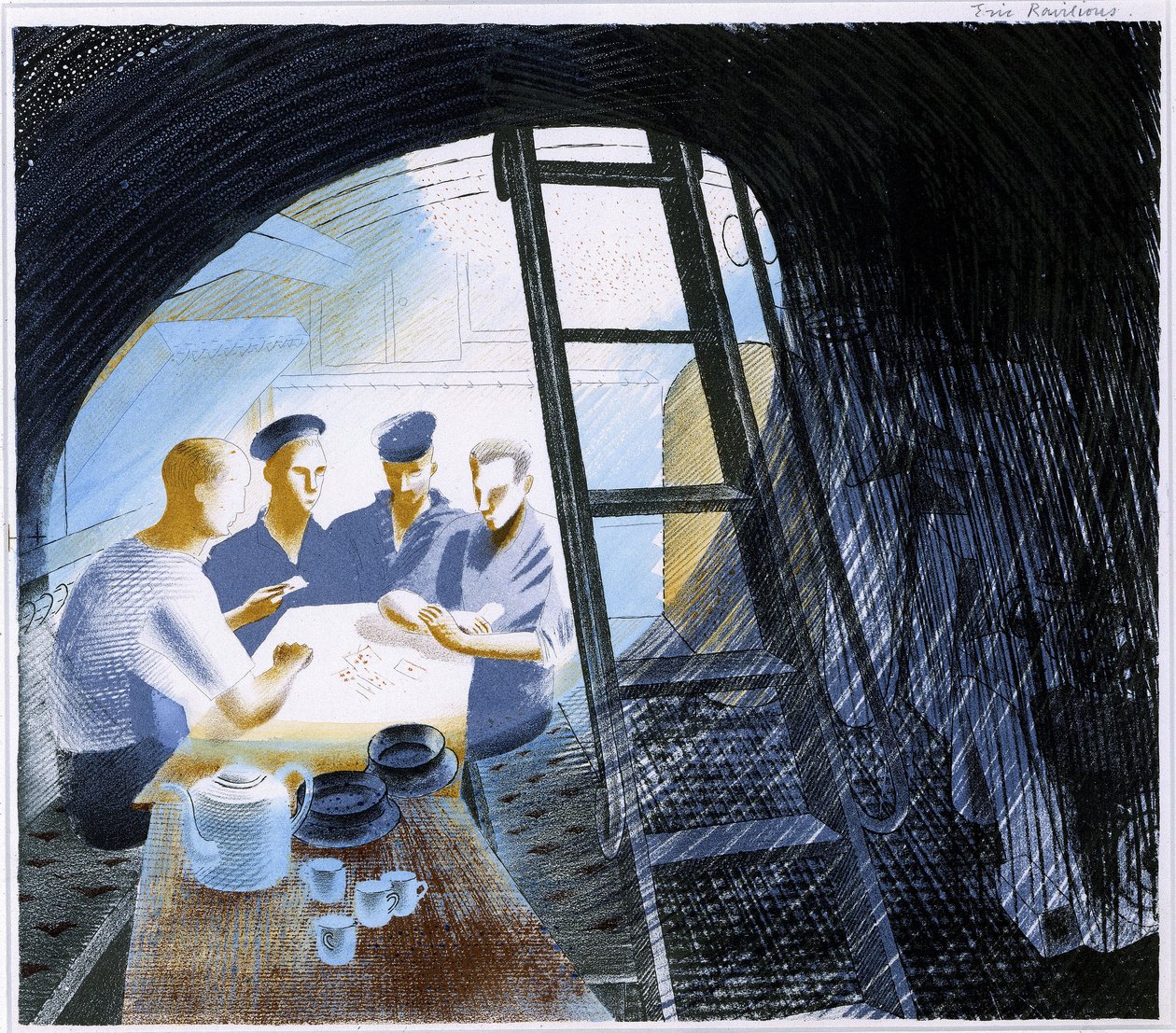 Udsigt til officersmessen i en neddykket ubåd, med køkkenredskaber og fire sømænd, der spiller kort af Eric Ravilious