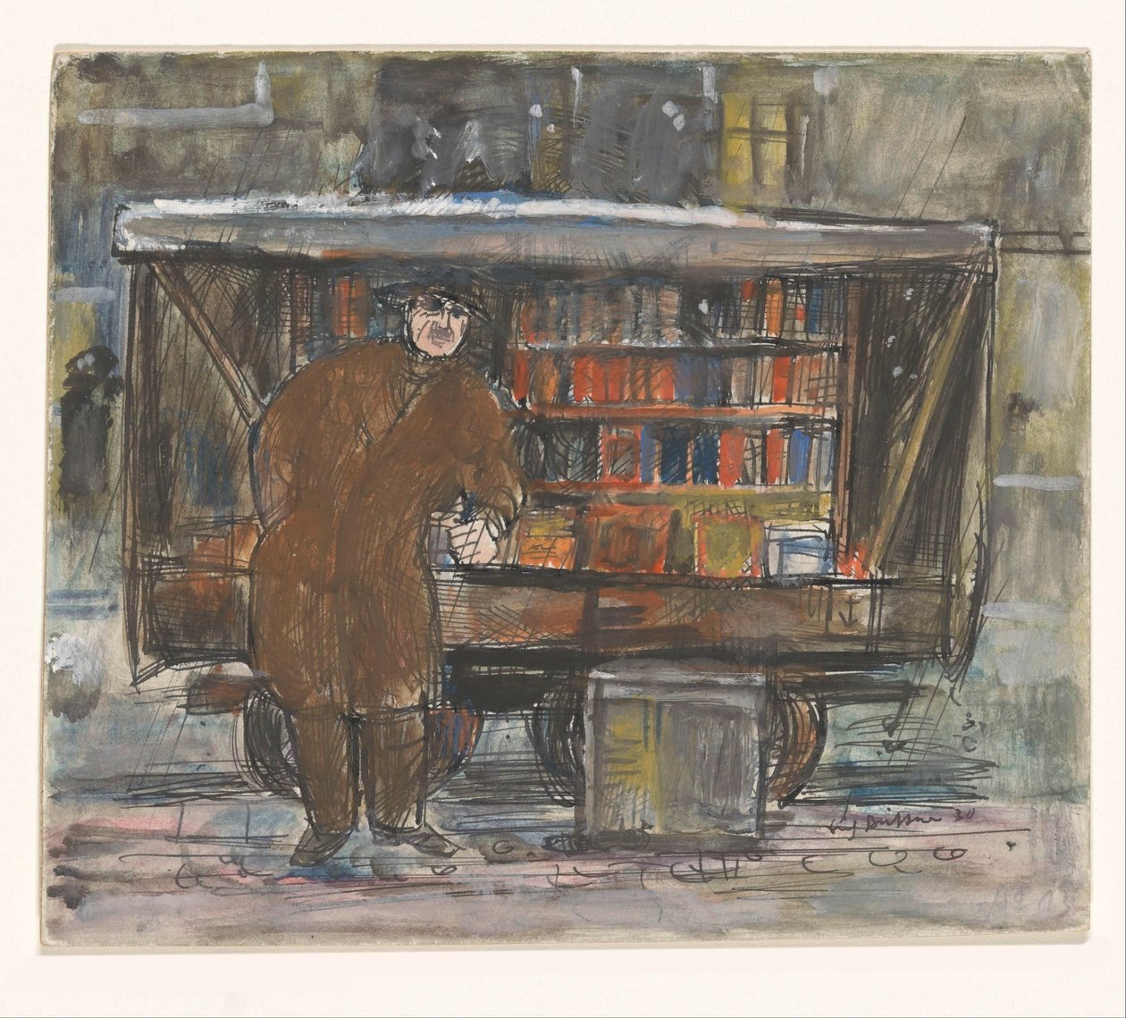 Boghandler foran sin bogvogn af Erich Büttner (signed by artist)