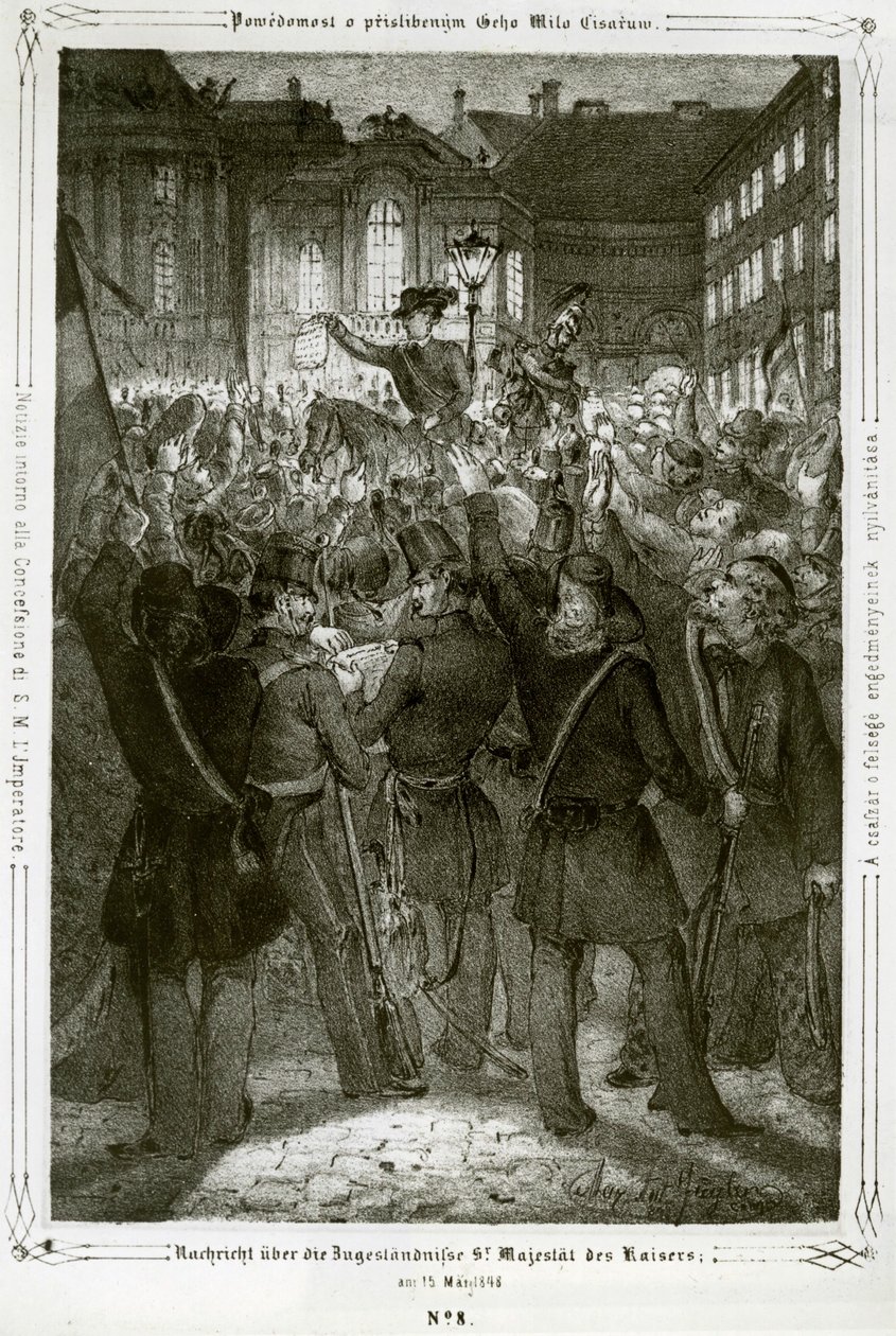 Kejser Ferdinands forfatning læses op på Michaeler-pladsen foran det kejserlige palads. af Erich Lessing
