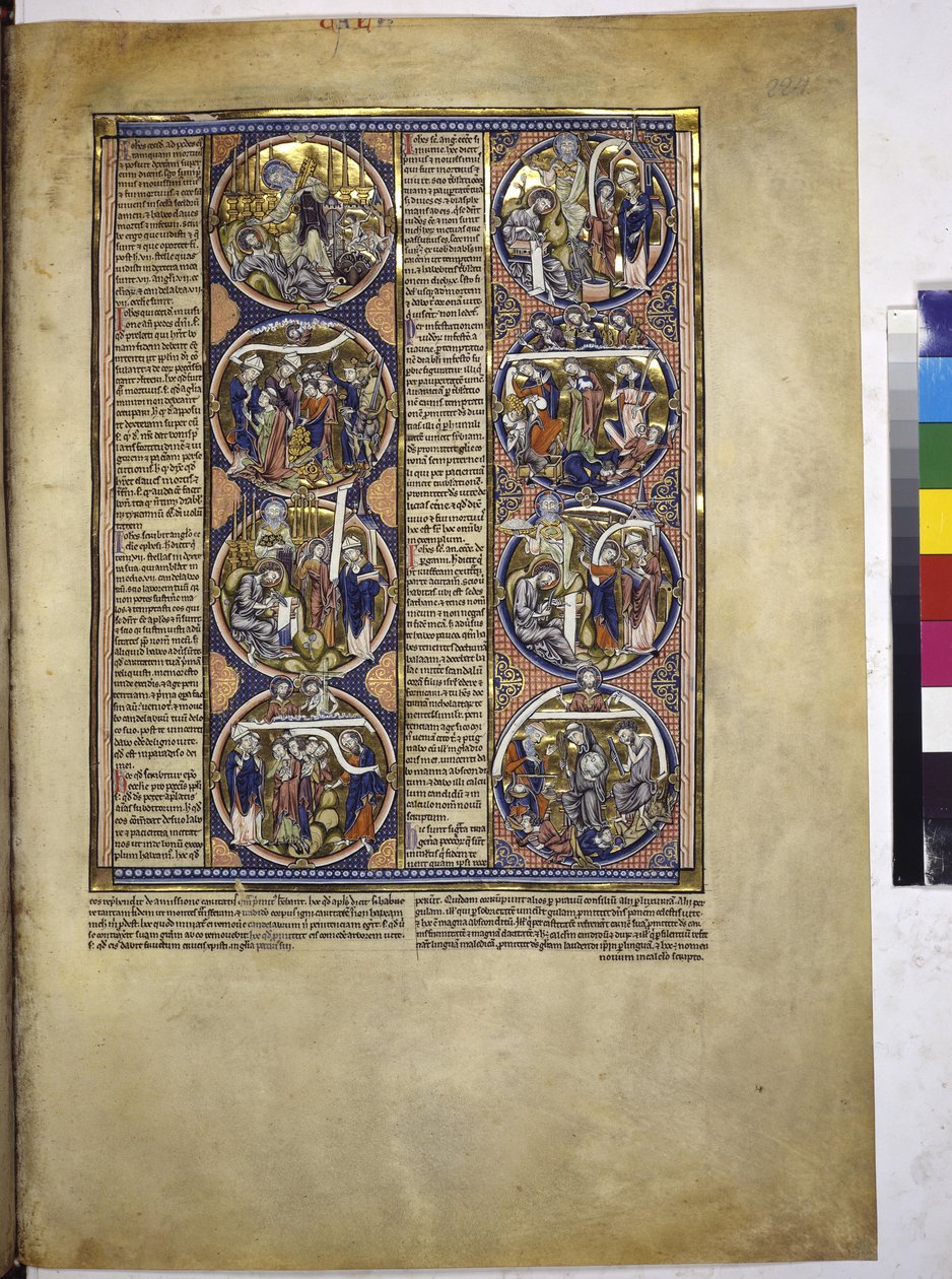 Helside: otte medaljoner, der omslutter miniaturer ledsaget af en forklarende tekst, ca. 1225-1250 (tempera på pergament) af Erich Lessing