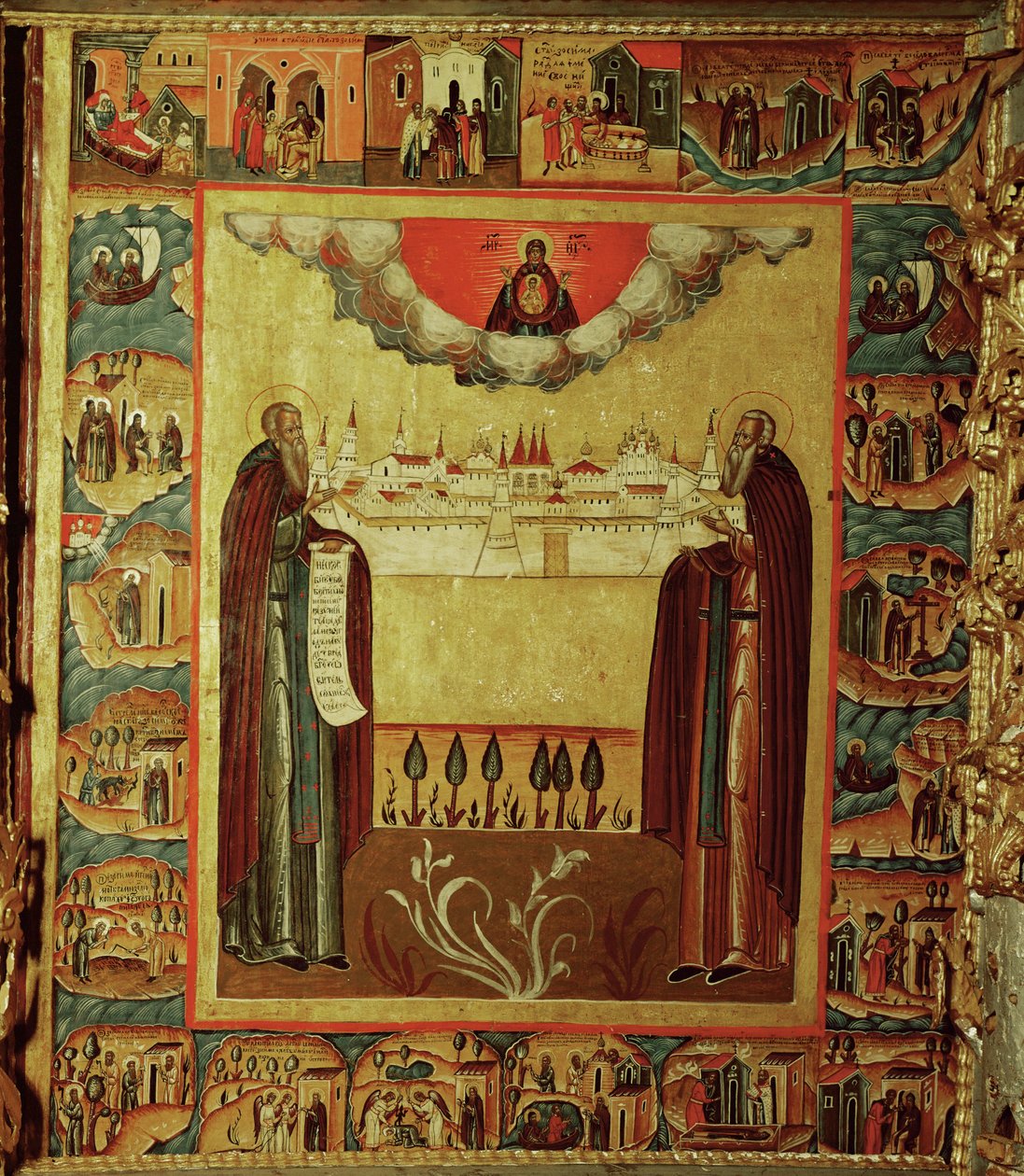 Sankt Sosima og Sankt Sawati holder en model af Solowski-klosteret (ikon) af Erich Lessing