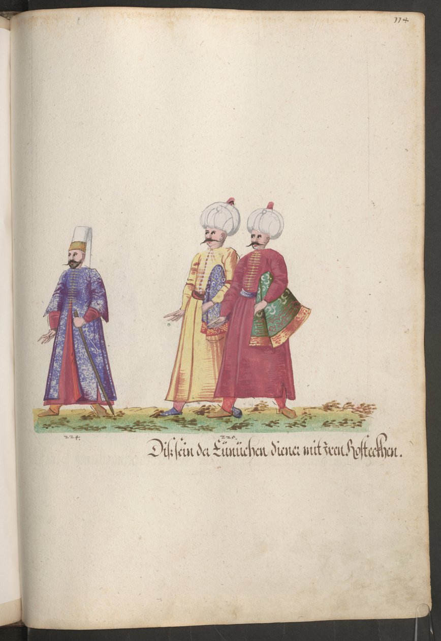 Sultanens serail: eunuk med to tjenere, der bærer hestedækkener. af Erich Lessing