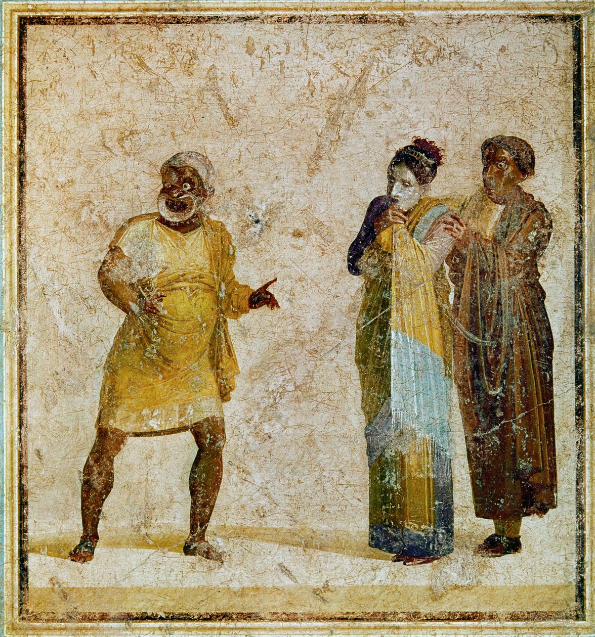 Tre skuespillere på en scene, der opfører en Atellan-farce af Erich Lessing