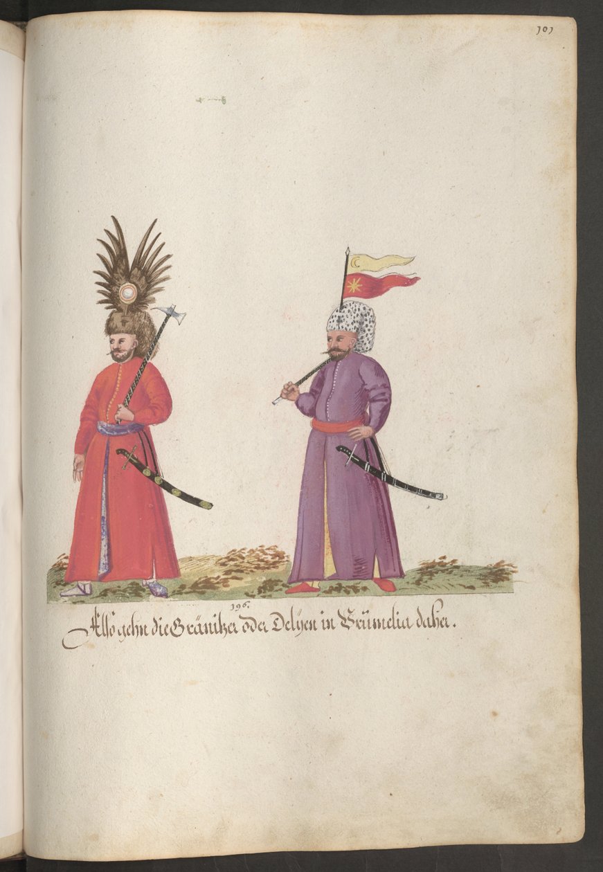 To tyrkiske grænsesoldater med hoveddekoration, stridsøkser og sabler. af Erich Lessing