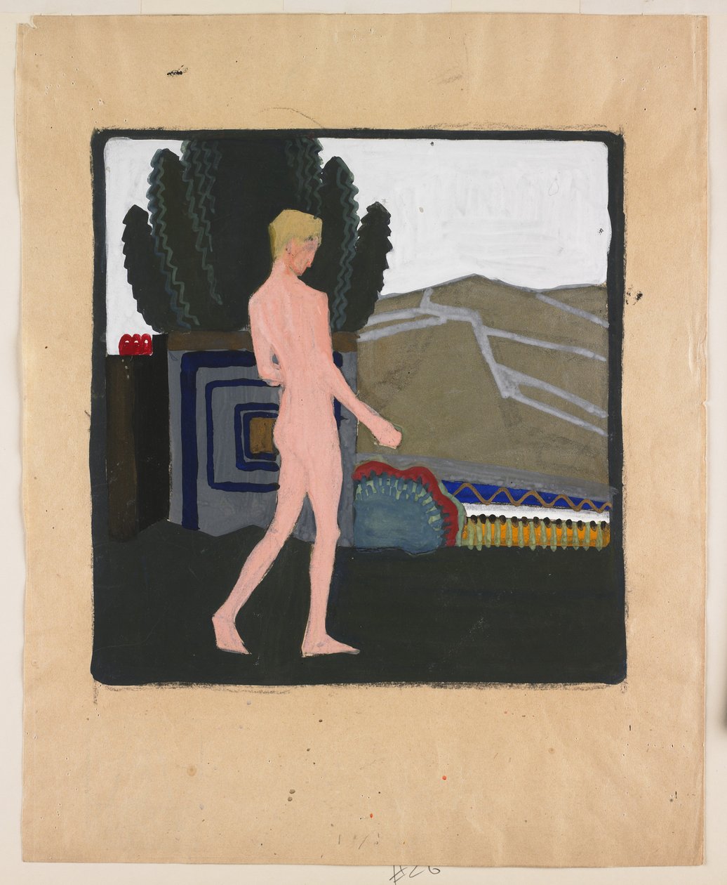 Stående mandlig nøgen i et landskab, ca. 1914 (gouache på papir) af Erich Mallina