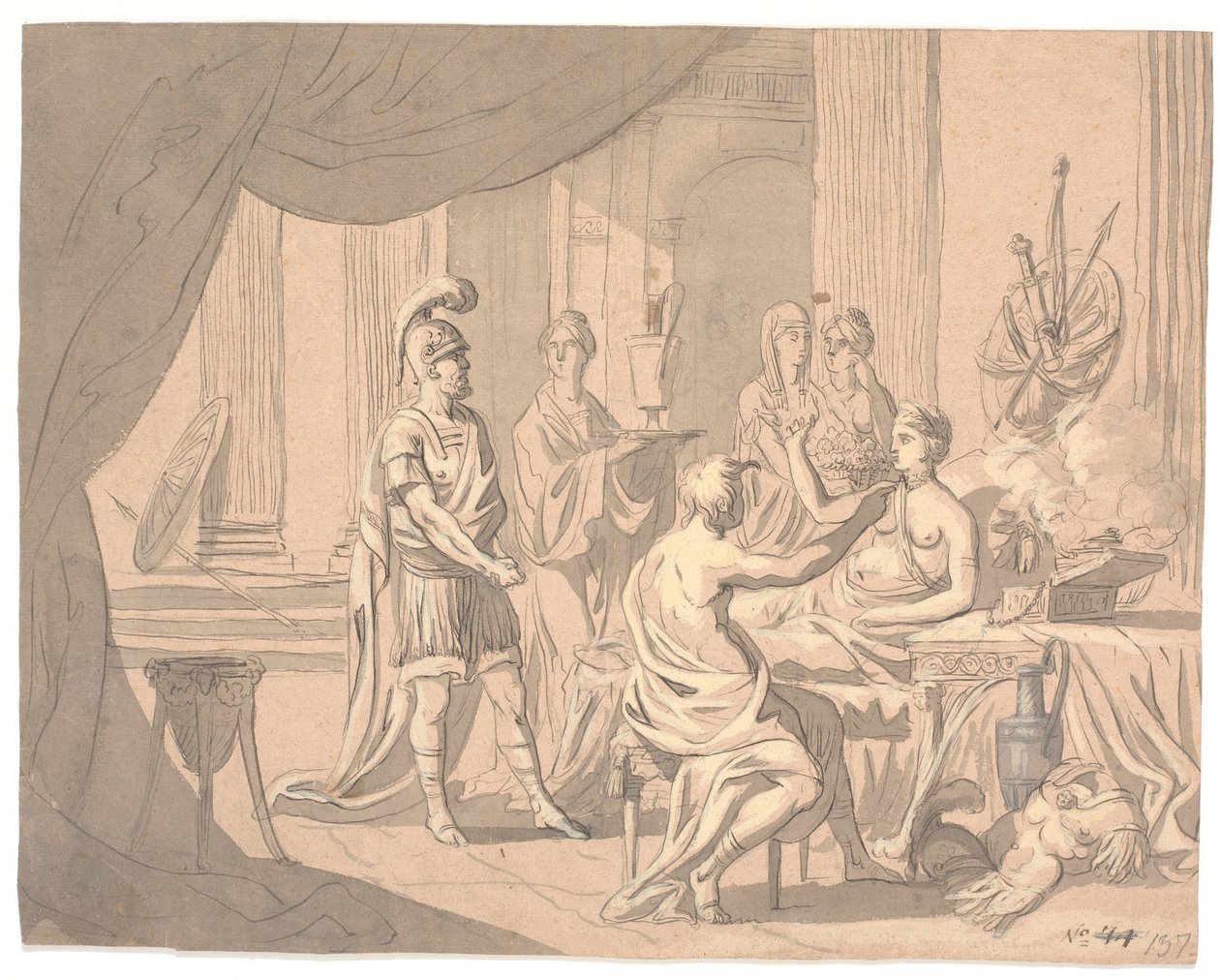 Antik scene. En fornem dame smykkes af andre damer foran en hjelmklædt kriger af Erik Pauelsen