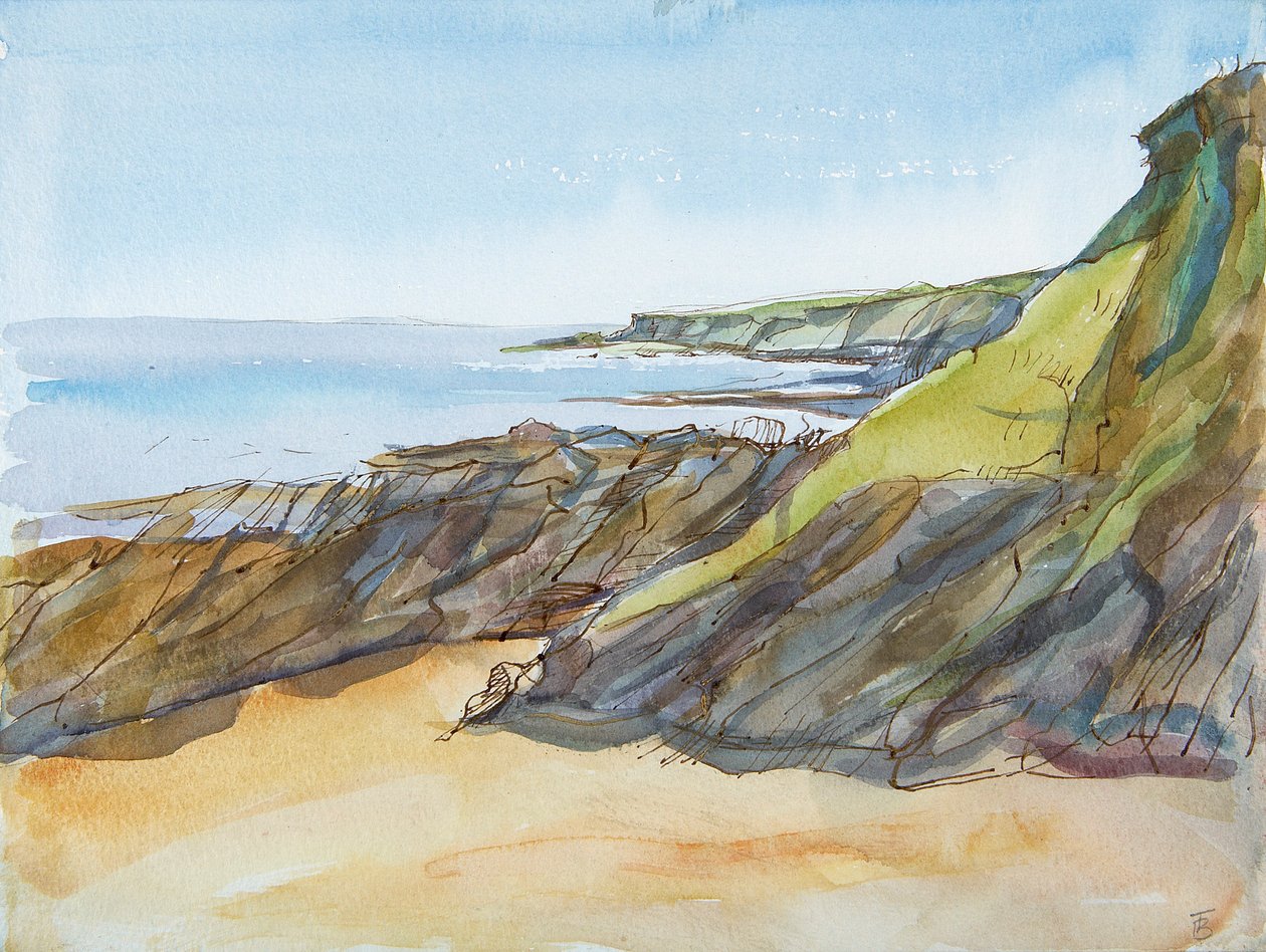 Rocky Beach på Roseland (pen & blæk og wc på papir) af Erin Townsend