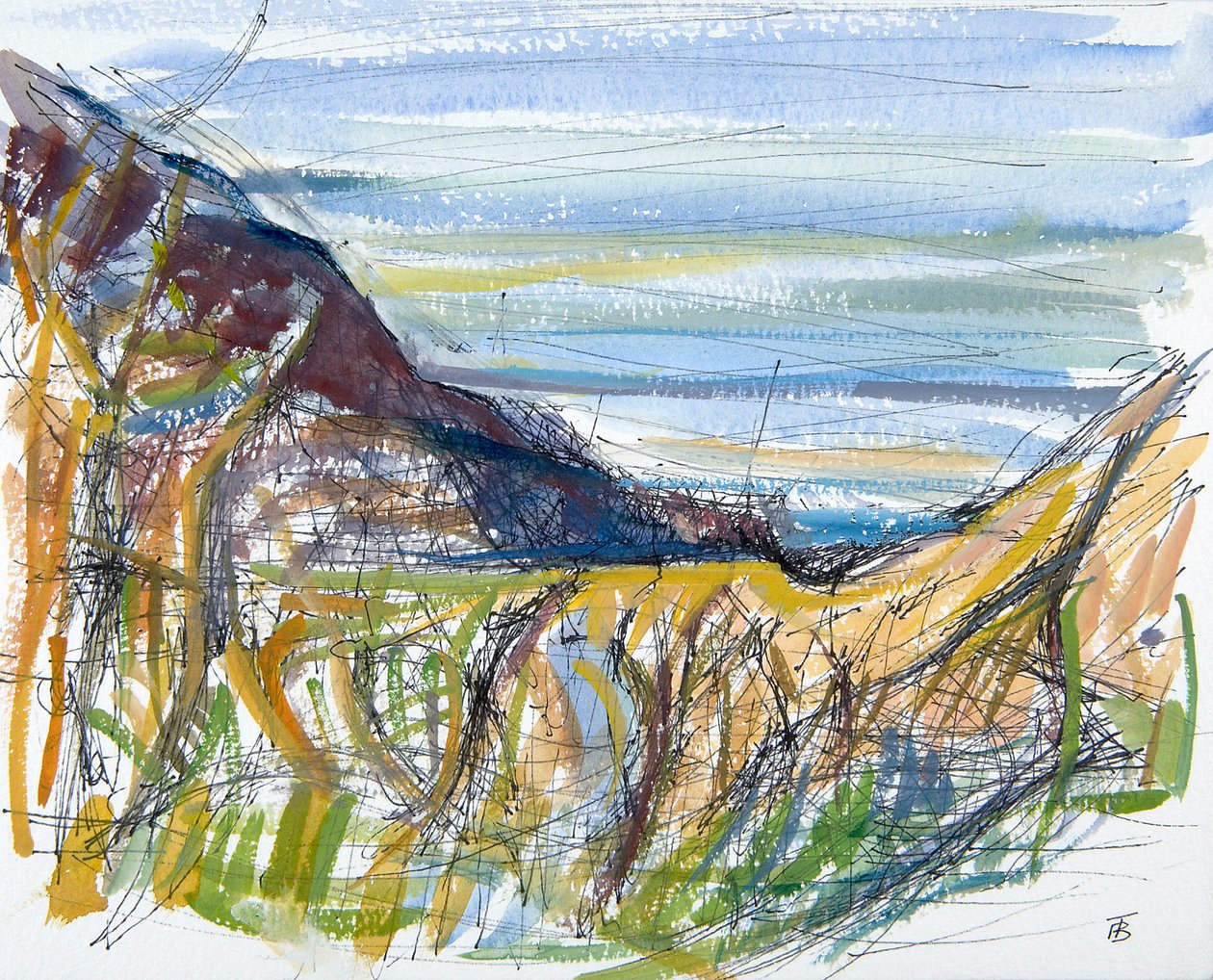 Mod Marsland Mouth, North Devon (pen & blæk og wc på papir) af Erin Townsend
