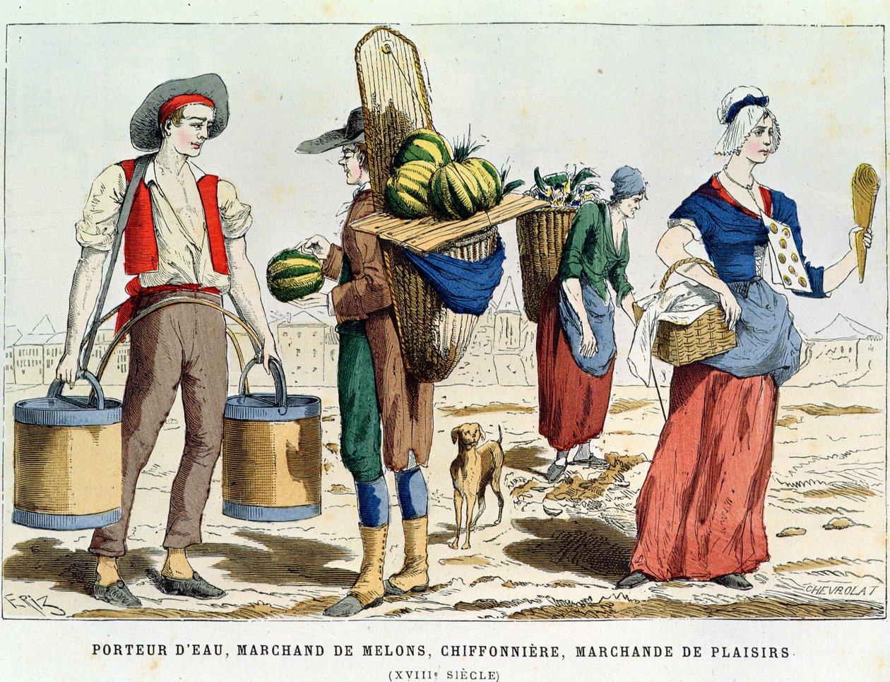 Vand Carrier; Melon-sælger, klud-og-ben-kvinde og konfekture-sælger i det attende århundrede, fra Costumes de Paris a Travers les Siecles ed. Roy, udgivet 1887 (farvegravering) af Eriz